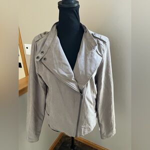 Women’s Staccato moto lined asymmetrical zip stand up collar taupe jacket. Large